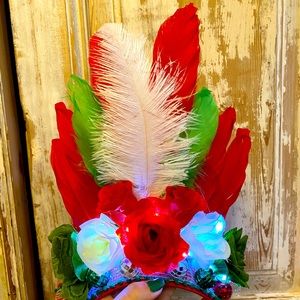 Handmade red white green (Italian) headpiece with feathers and disco ball flair